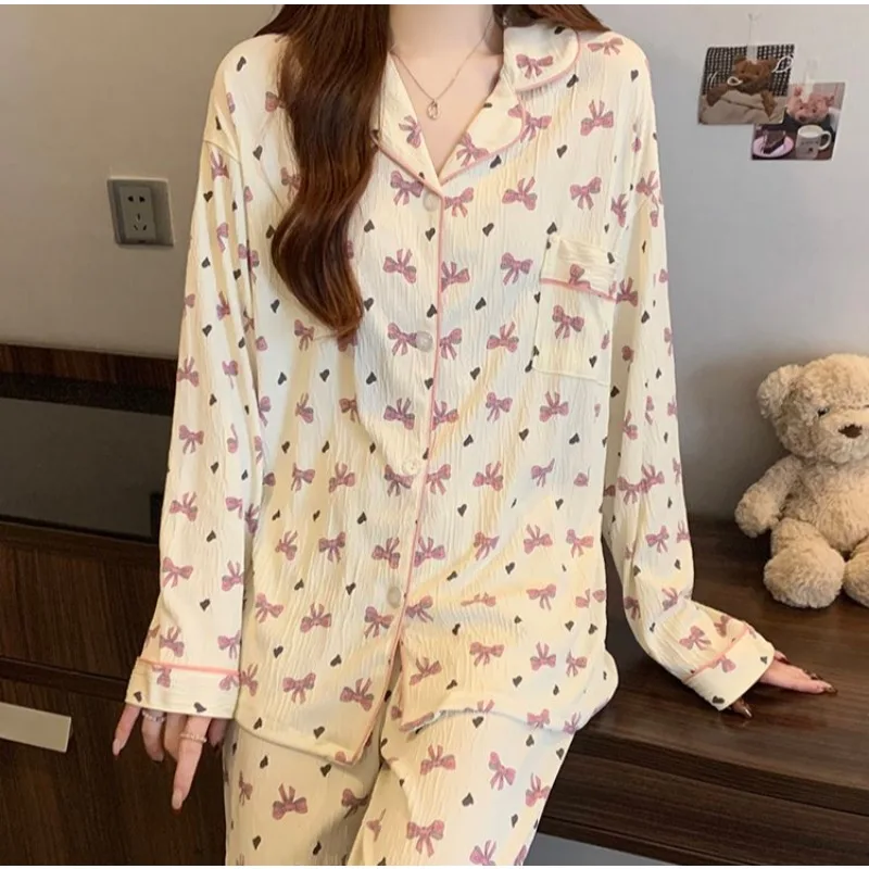 Roupa de dormir feminina sexy doce arco impressão manga longa estudante loungewear cardigan lapela superior calças compridas plus size pijamas homewear