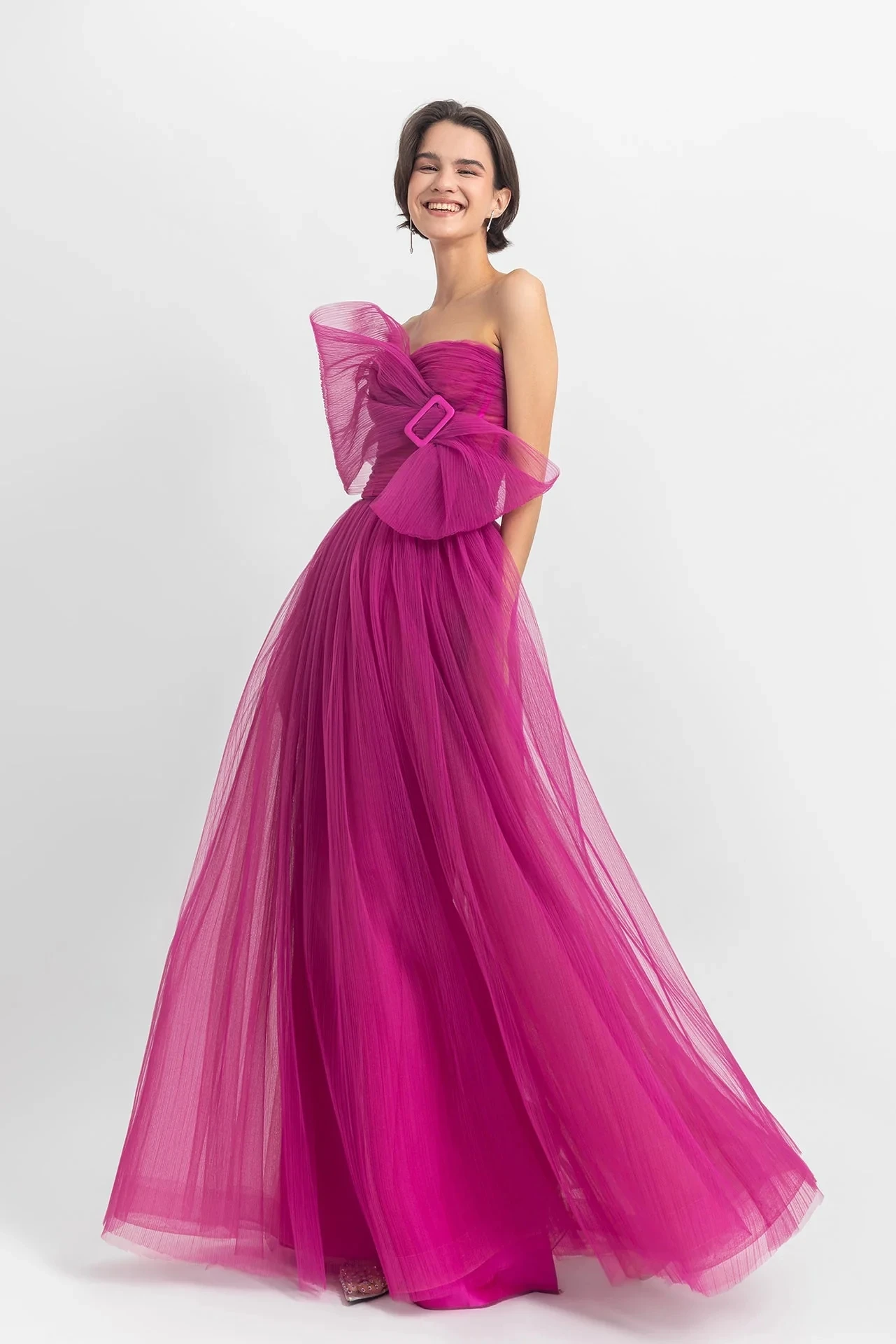 Bow-like Strapless Fully-pleated Long Prom Gown Fuchsia Party Dresses Elegant A Line Formal Occasion Dress vestidos de festa