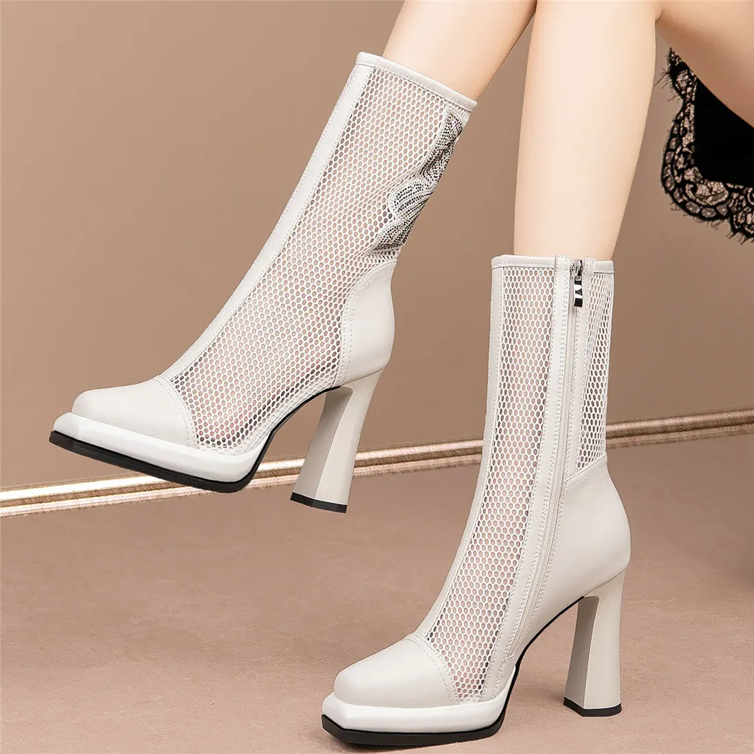 

Rhinestones Gladiator Sandals Women Genuine Leather High Heel Ankle Boots Female Summer Square Toe Platform Pumps Casual Shoes