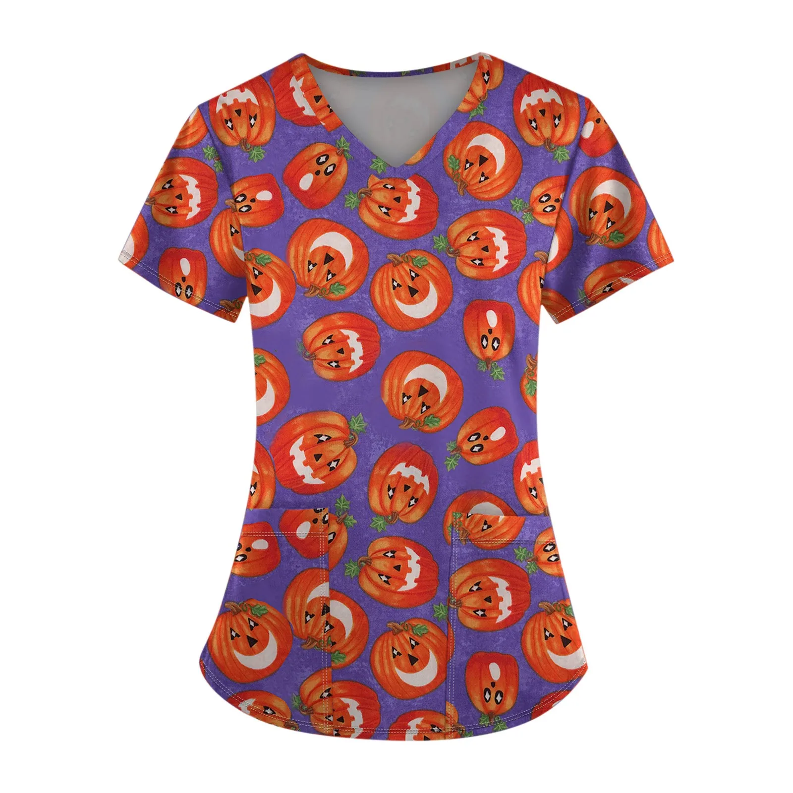 

V-Neck Working Hospital Uniform Halloween Surgical Shirt Print Plus Size Nurse Medical Uniform Scrub Tops Women Pumpkin Blouse