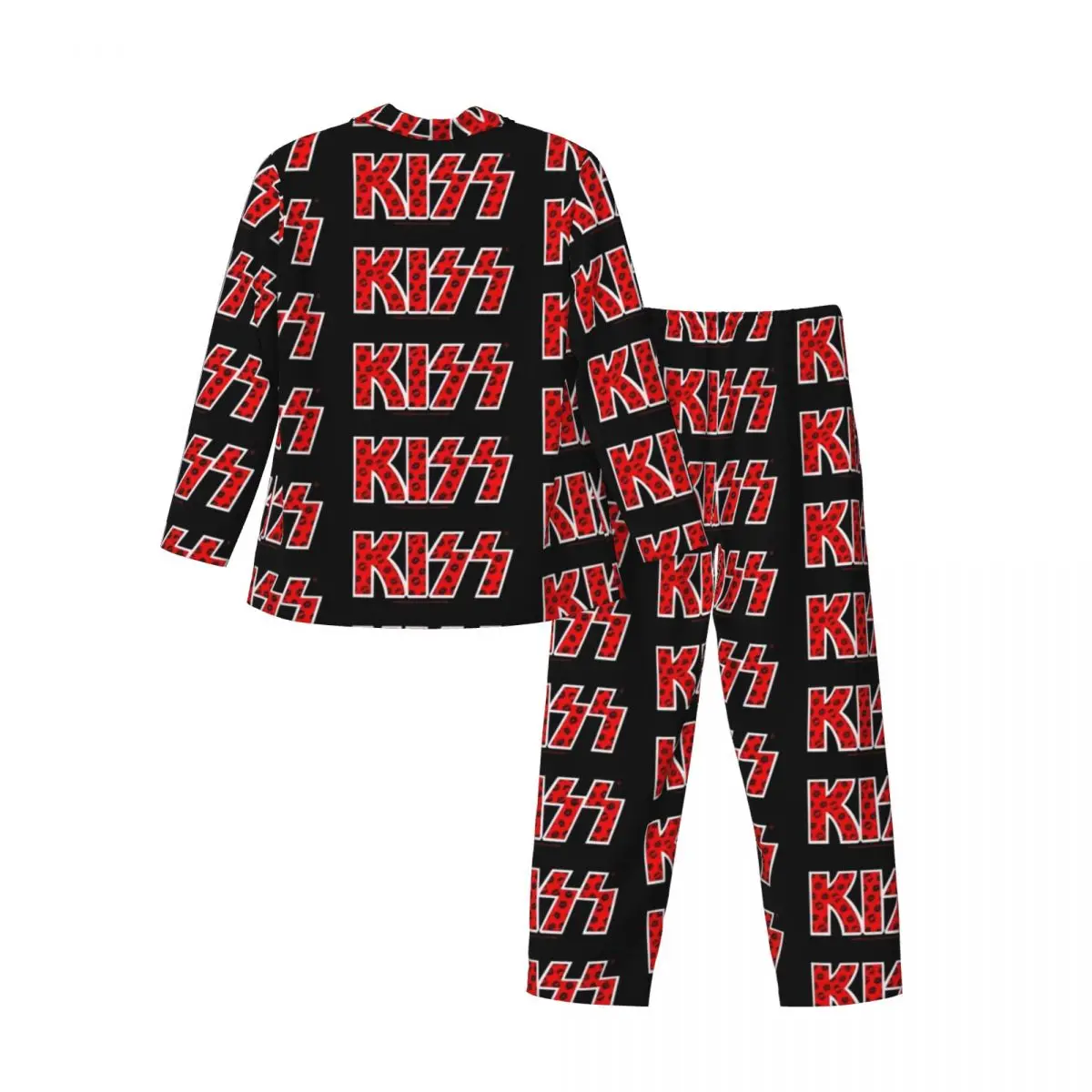 Kiss Band Sleepwear Autumn Black Lips Logo Vintage Oversized Pajamas Set Mens Long Sleeve Kawaii Leisure Custom Nightwear