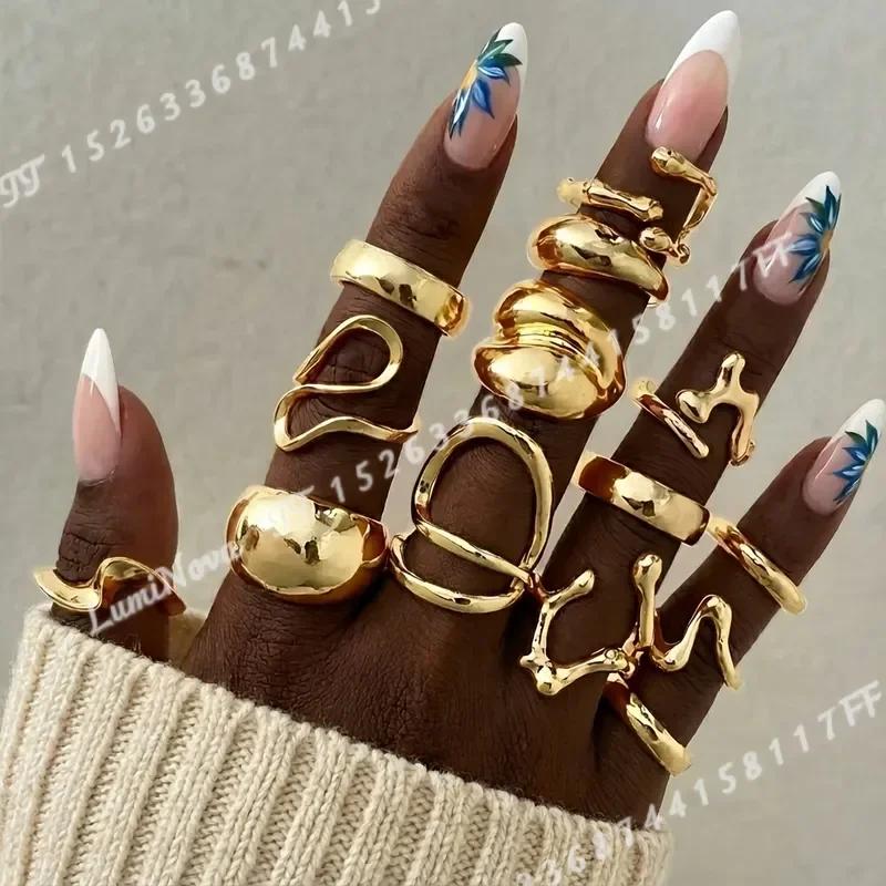 14pcs Liquid Metal Irregular Ring Set Abstract Exaggerated Opening Rings Y2K Cyberpunk Cool Spicy Party Jewelry for Women