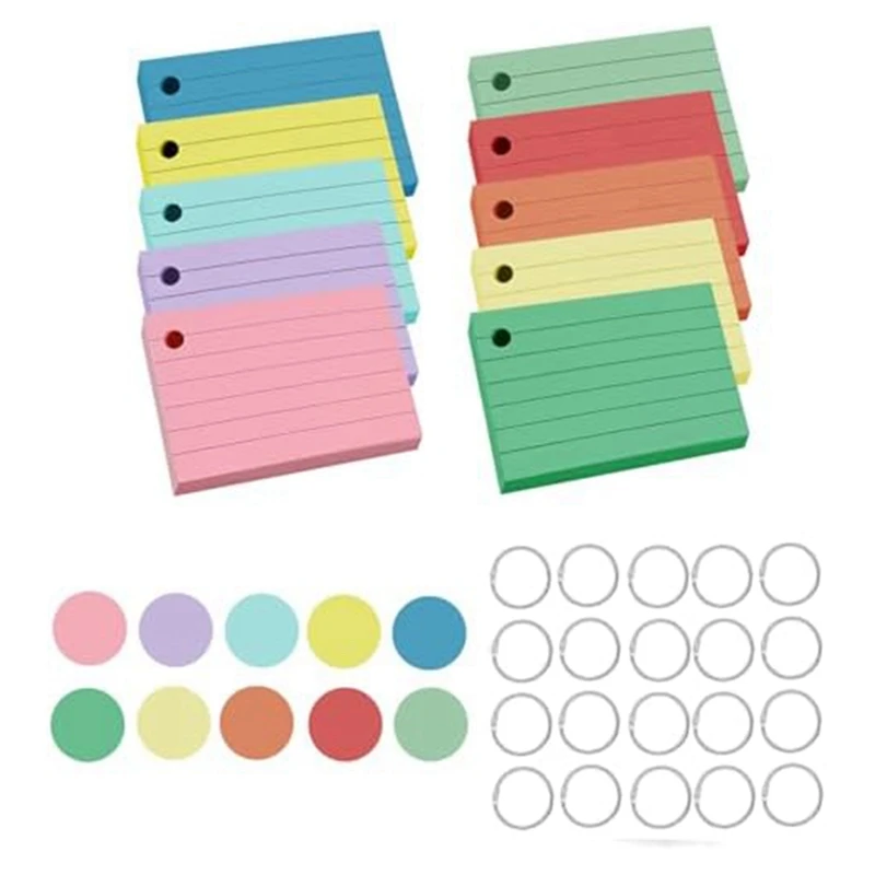 250PCS Index Cards Flash Card With 3 X 5,Colored Card With Ring Ruled Index Note Cards For Office School