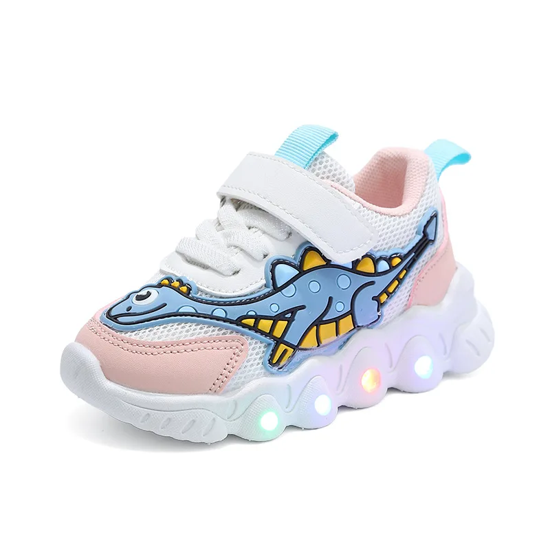 Zapatillas de deporte informales de dibujos animados para niño y niña, zapatos de malla transpirables, calzado de tenis iluminado para bebé