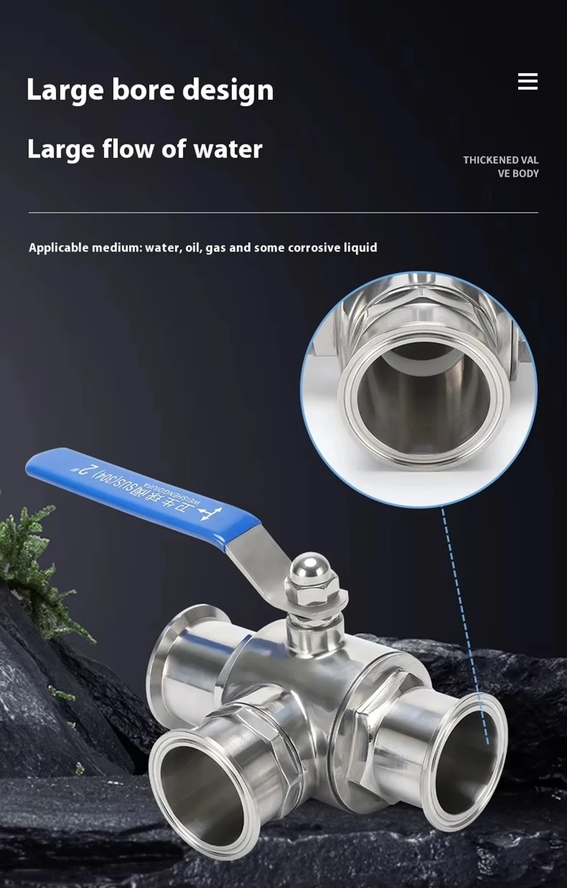 19mm 25mm 51mm 3-Wege Sanitär-Kugelhahn aus Edelstahl, Lebensmittelqualität, Manueller Tri-Clamp Schnellverschluss Richtungs-Kugelhahn – Detail 3