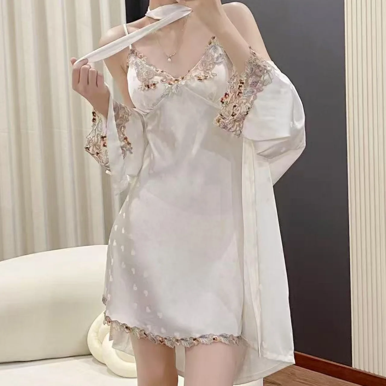 

Sexy Lace Trim Twinset Robe Set Nightgown Spring Summer Ice Silk Women's Sleepwear Bathrobe Gown Elegant Home Dress Lounge Wear