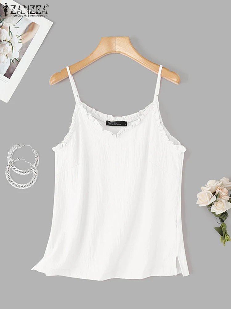 ZANZEA Elegant Women Straps Camis Sleeveless Tanks Tops Summer Tees 2025 Fashion V-Neck Ruffled Solid Shirts Elegant Work Shirts