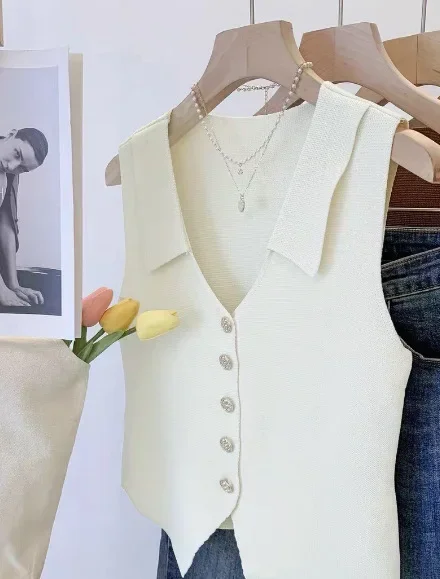 Damen Sommer-Stricktop mit Stehkragen, Ärmellos, Schmal Geschnittenes Graues Tanktop, Koreanischer Stil Layering Freizeithemd – Detail 3