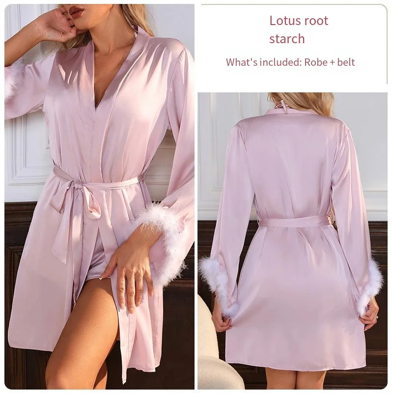 المرأة مثير خياطة الساتان ثوب النوم ، بلاكيت الريش ، عميق الخامس ، إغراء ، نمط كسول ، ارتداء المنزل ، موحدة ، الكبار