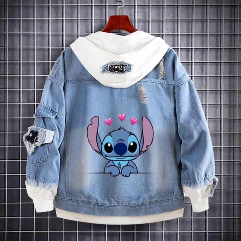 Miniso Disney Stitch Retro Denim Jackets Cartoon Printed Cute Sweatshirts Kids Streetwear Hooded Coats Harajuku Jackets For Men