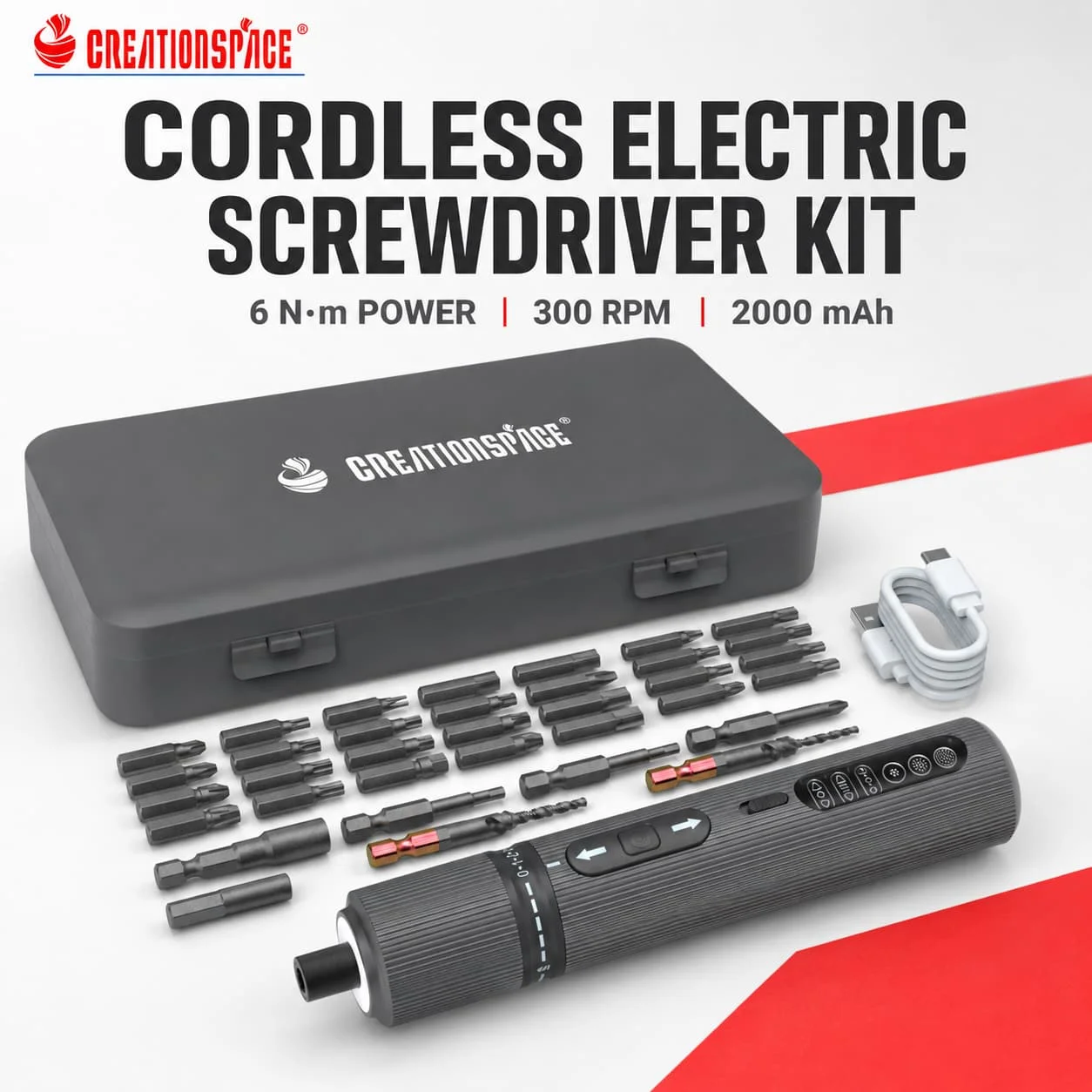 CREATIONSPACE Cordless Electric Screwdriver Kit, 6Nm Torque 300RPM, 2000mAh Type-C Rechargeable with Bit Set & Carry Case