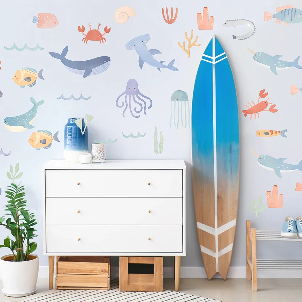 Watercolor Ocean Turtle Fish Animal Wall Sticker Living Room Bedroom Sea Life Beach Landscape Wall Decal Home Decor