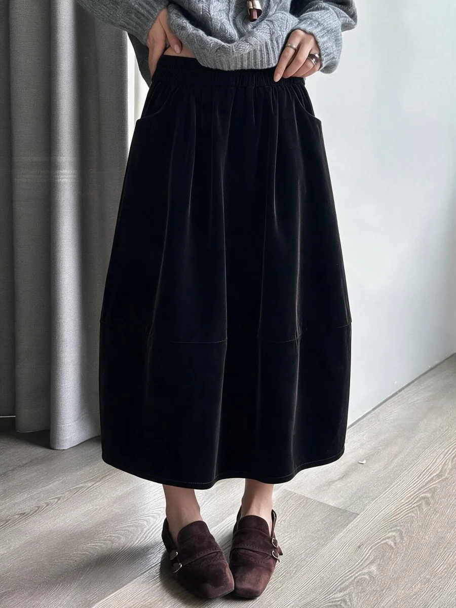 Retro High Waist Elastic Velvet Half Skirt Women's Autumn Slim A-Line Umbrella Skirt Pure Color Casual Style Fashionable