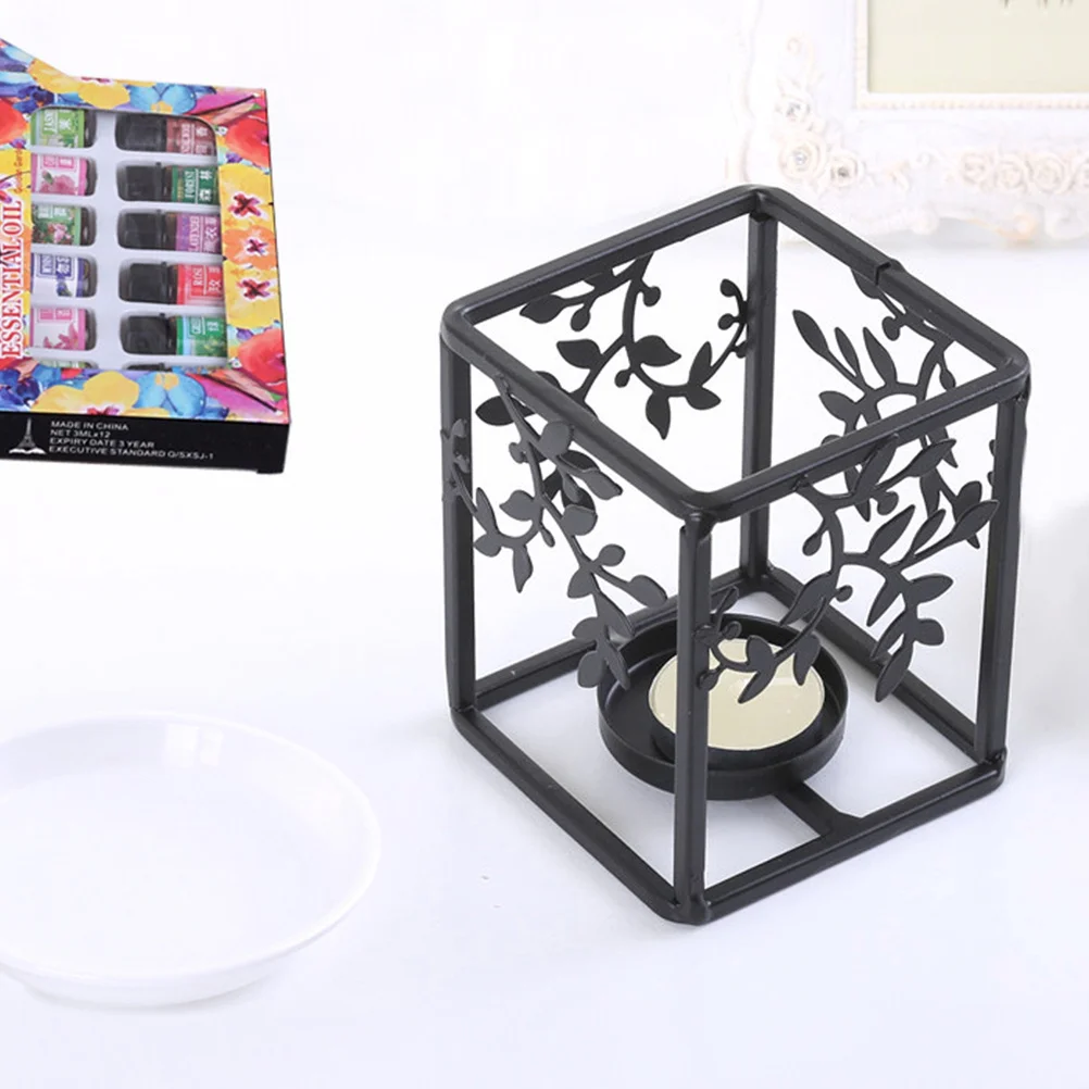 

Black Square Iron Holder Aromatherapy Essential Oil Burner Rack Ceramic Plate Decoration for Balcony Room