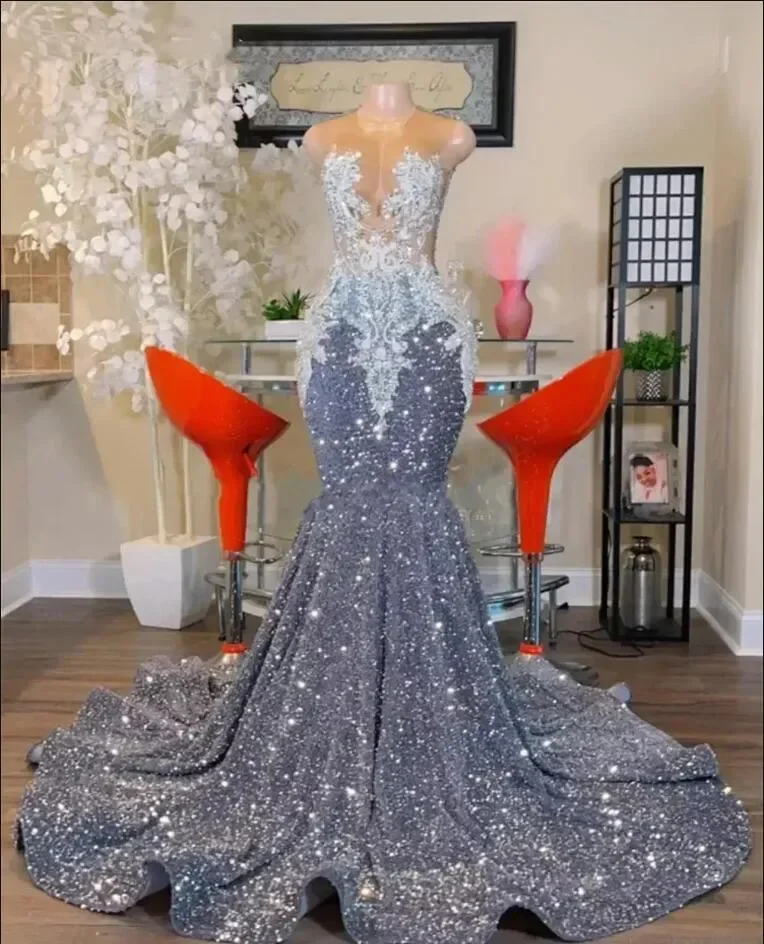 Vestidos de graduación de sirena plateados con purpurina, apliques de cuello transparente de lujo, lentejuelas con cuentas de cristal, vestidos de fiesta, bata de noche, 2024