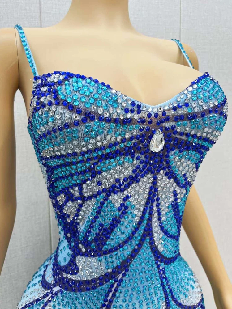 Abito lungo da sera da donna Sexy senza maniche con strass blu Party Club Bar Sing Dance Wear Drag Queen Stage Performance Costume