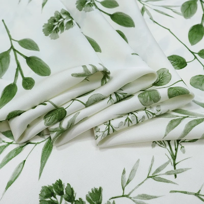 Green Branch and Leaf Silk Double Qiao Crepe Printed Fabric DIY Cool Breathable Shirt Dress High Quality Silk Fabric Promotion