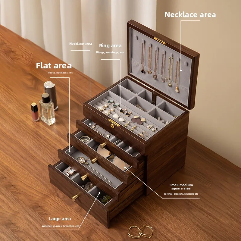 Caja de almacenamiento de joyas de madera con cerradura, joyero premium retro de gran capacidad, regalo de boda, joyero de oro.
