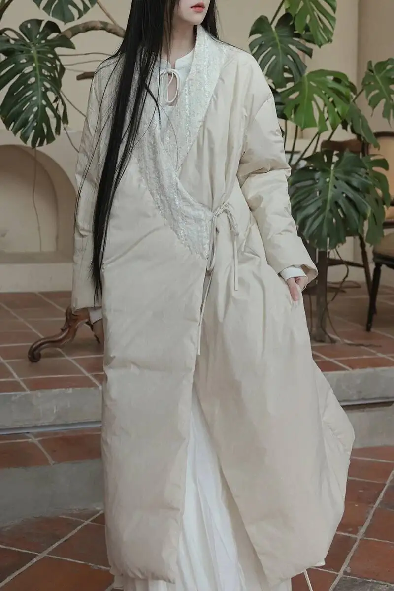 UMI MAO 90 화이트 오리 다운 재킷 중국 스타일 예술적 경사 칼라 가볍고 따뜻한 두꺼운 롱 코트 Femme