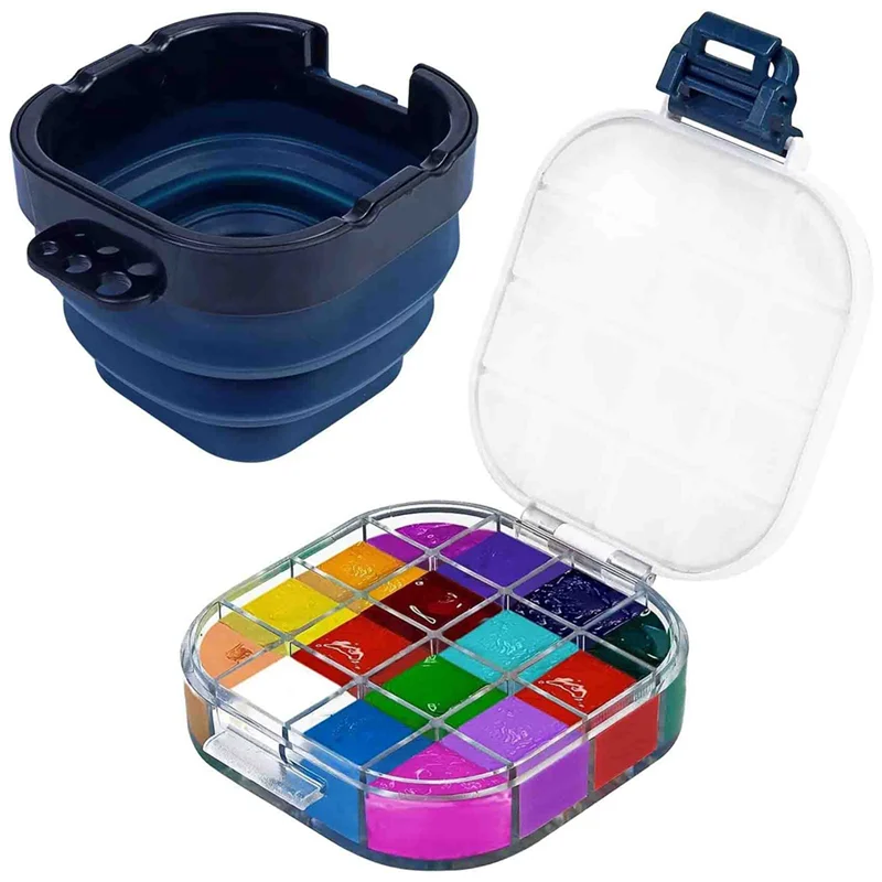 Airtight Paint Saver Storage Palette Box, 16-Well Palette Box with Lid, Include Paint Brush Basin, Perfect for Gouache