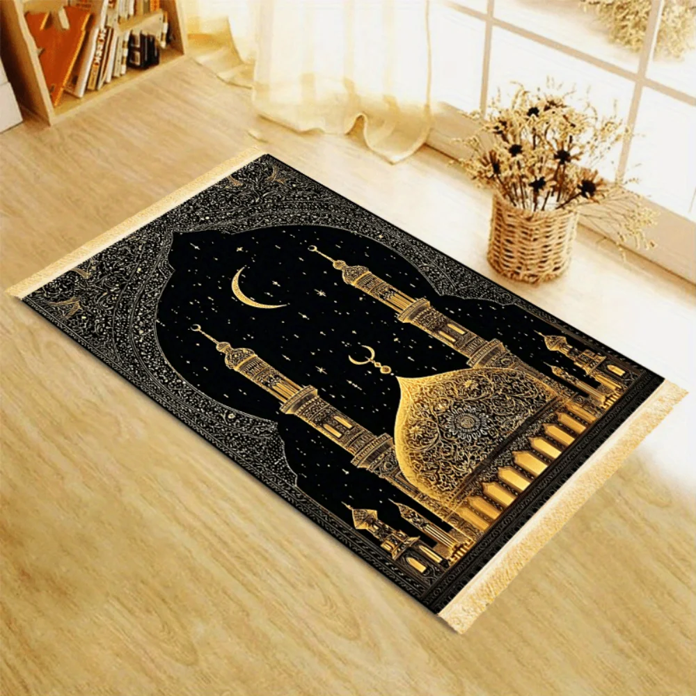 VIKAMA Retro Boho Moon Print Prayer Rug, Washable Travel Prayer Mat for Muslim, Portable Islamic Eid Gift Cushioned Floor Carpet
