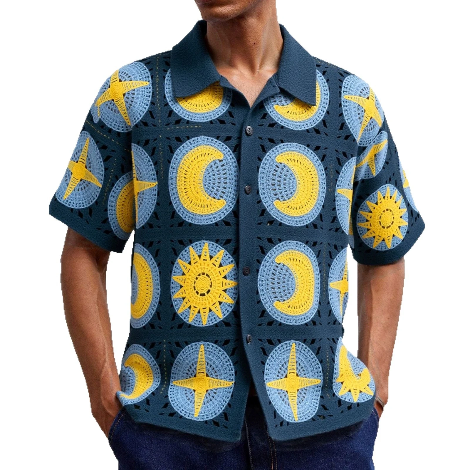 سترة محبوكة صيفية عصرية فاخرة للرجال بأكمام قصيرة مع تصميم فرنسي وقميص بولو مجوف على شكل زهرة خطافية