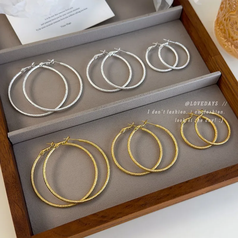 Hoop Earrings Matte Fine Glitter Silver Tone Alloy Lightweight Minimalist Versatile Daily Commute Chic Jewelry for Women