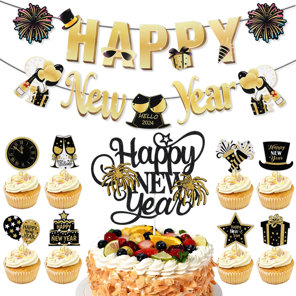 

2024 New Years Eve Party Supplies Happy New Year Banner Photo Prop Cake Toppers DIY Decor 2024 New Year Festival Party Decor