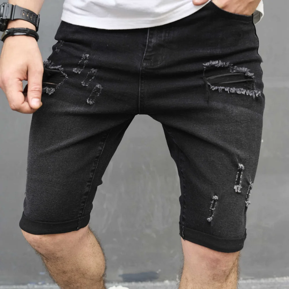 Mens Shorts Black Jeans 2023 New Trend Washing Water Holes Knee Length Pants Fashion Streetwear Denim Shorts