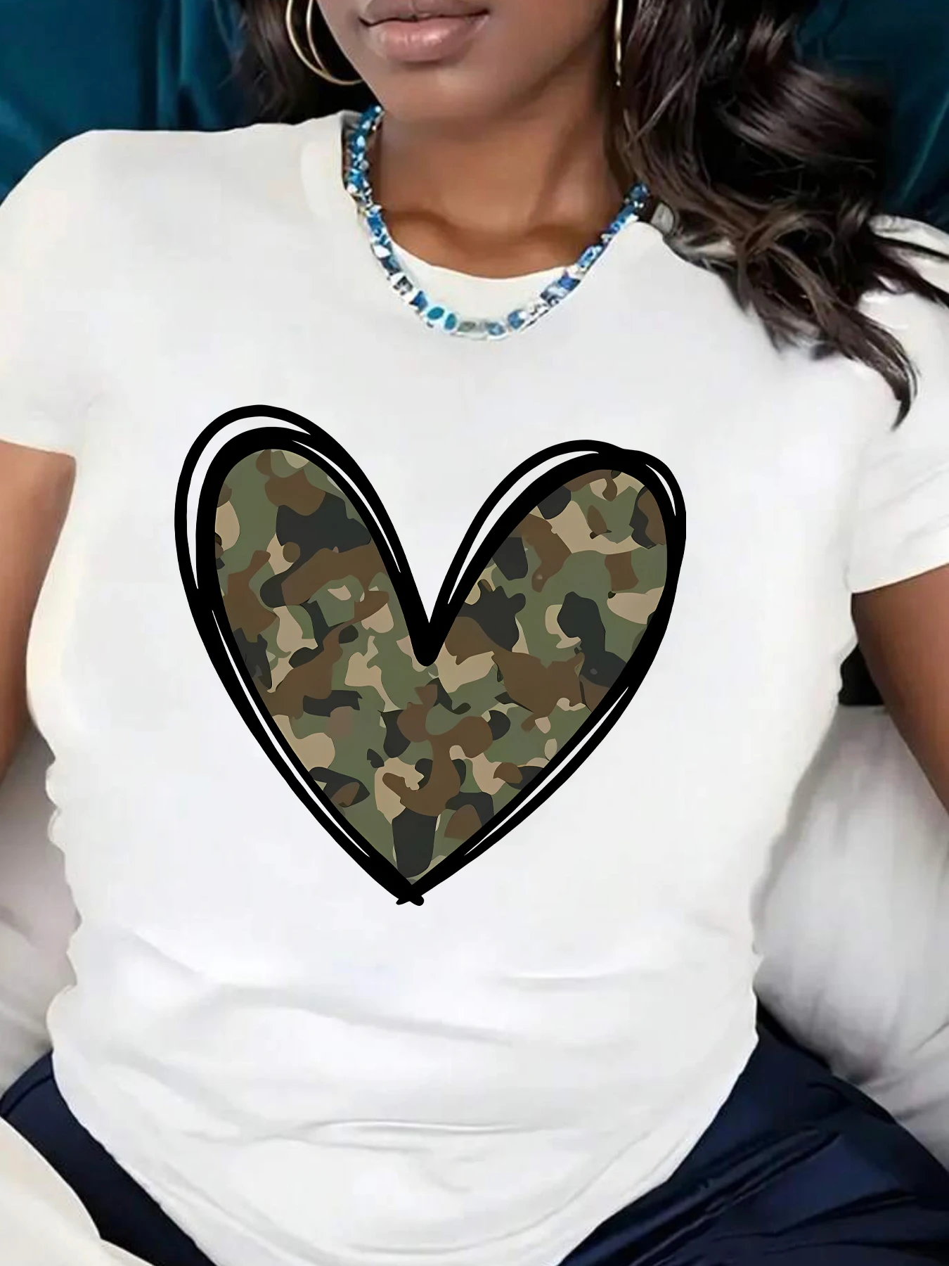 

Camouflage love pattern round neck plus size women T-shirt short sleeve trend printing elastic half sleeve T-shirt