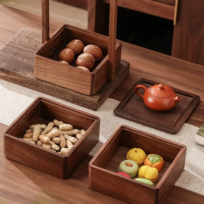 Black Walnut Solid Wood Coffee Table with Glass Shelf Multi Layer Tea Set Storage Rack Four Bucket Cabinet for Living Room