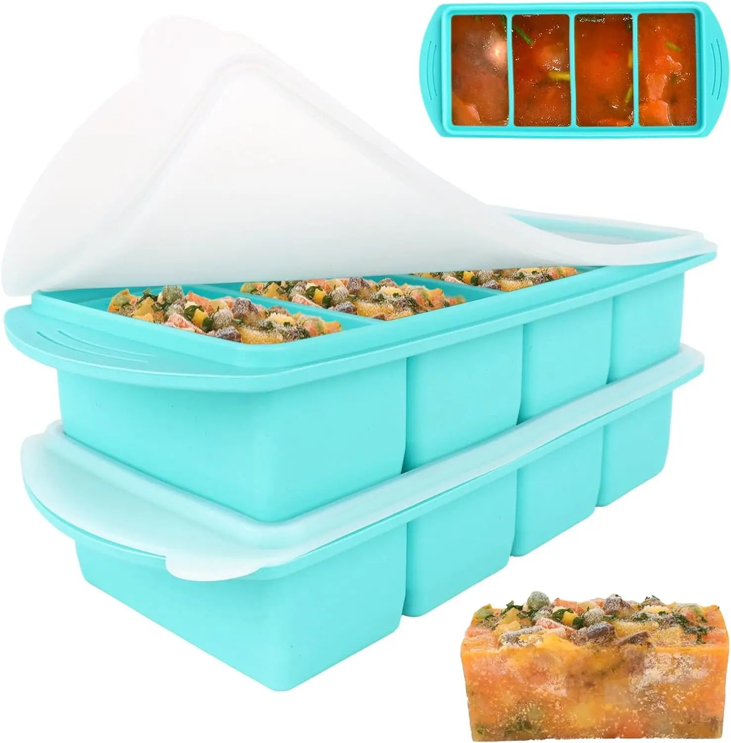 

2 Pack Soup Cube Silicone Freezer Tray,1000ML Freezer Containers with Lid, 4-Compartment,Freezer Tray for Meal Prep, Soup, Sauce
