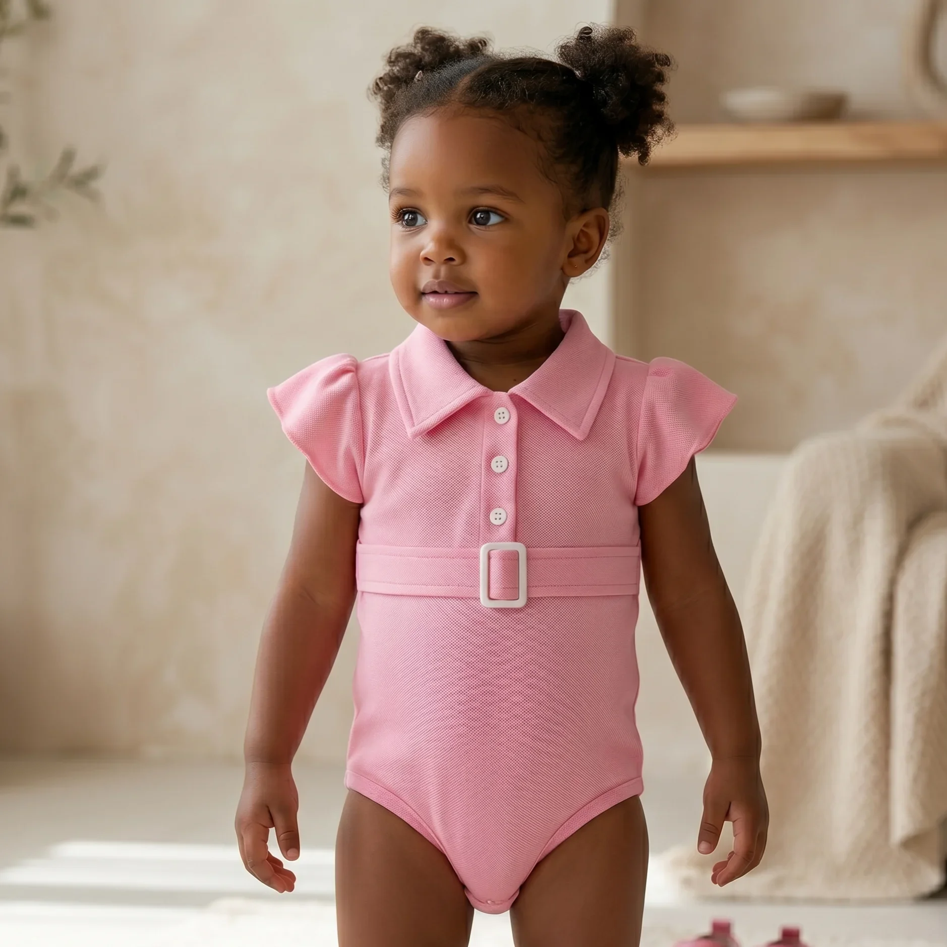Newborn Baby Summer Solid Color Lapel Onesie Clothes Girls Flutter Sleeve Triangle Jumpsuit College Style Set Suitable for 0-18M