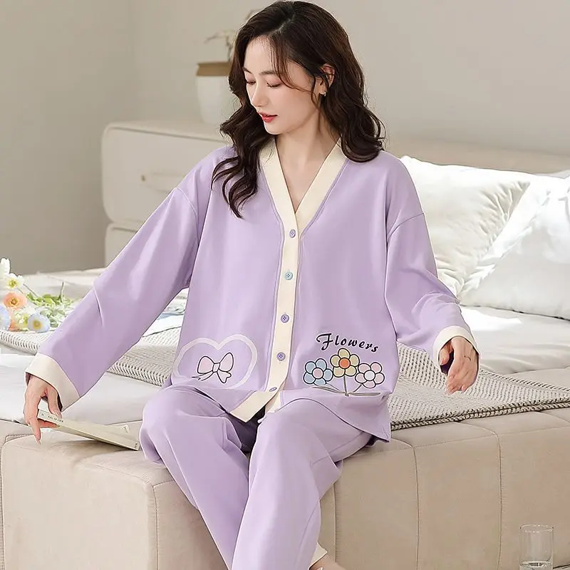 

Pijamas Women 100% Cotton Kimono Pajamas Women's Spring and Autumn Long-sleeved V-neck Casual Loose Loungewear Suit 2pcs