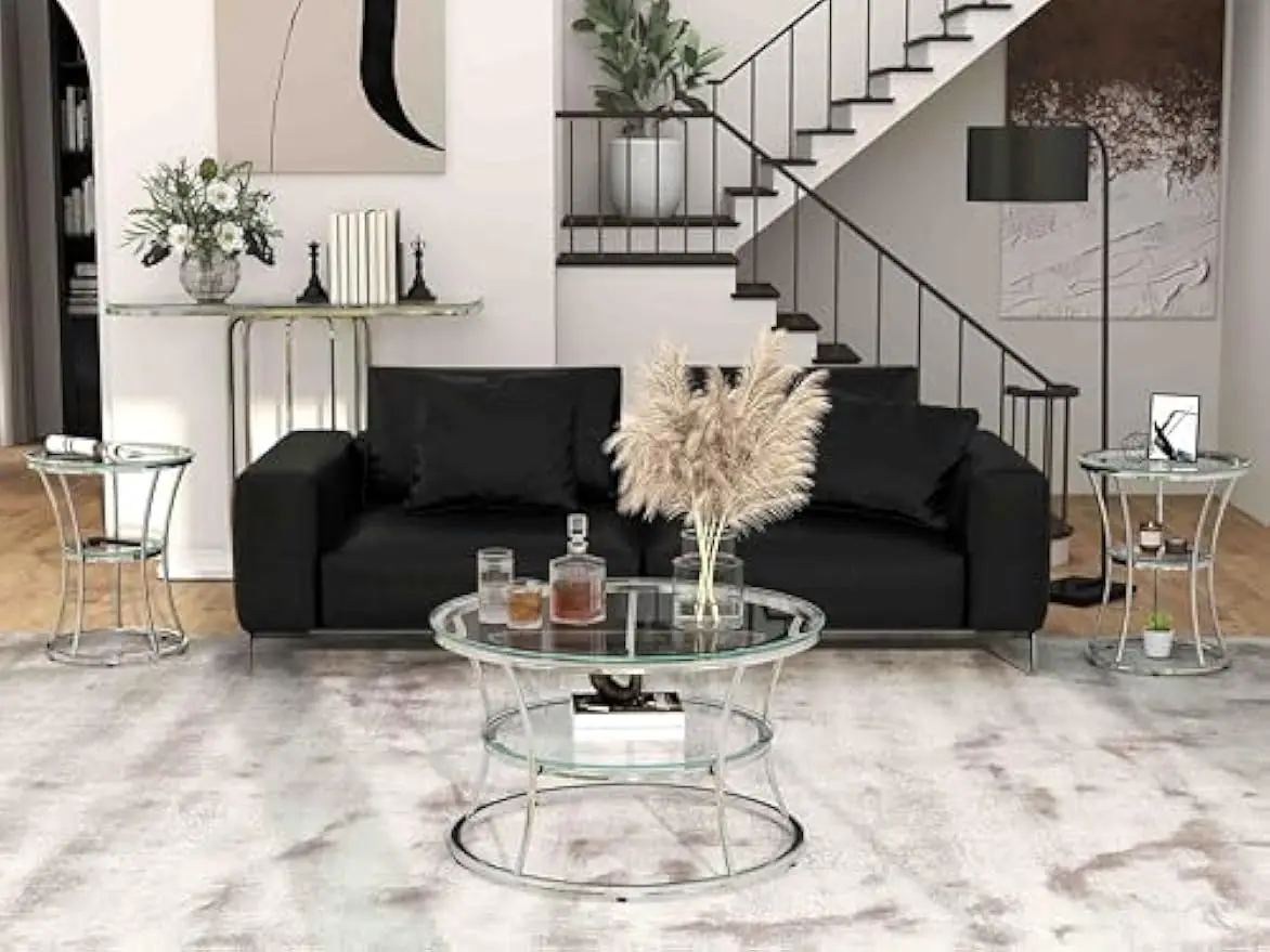 طاولة قهوة زجاجية، طاولة غرفة معيشة حديثة من طبقتين مع رف، إطار من الزجاج المقسى والكروم، طاولة مركزية فضية لغرفة المعيشة #6