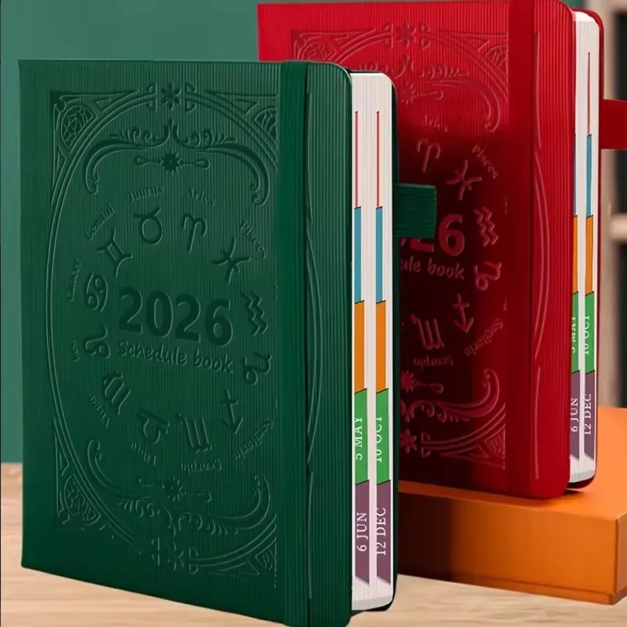 2026 A5 Tragbares strukturiertes PU-Leder-Agenda-Buch, englischer Kalender, Notizblöcke, täglicher kreativer Planer, Erinnerung, Desktop-Datum