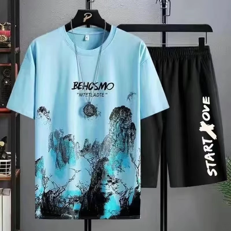 Camiseta e shorts esportivos estampados com grafite 3D masculino, fatos de treino casuais, manga curta, secagem rápida, verão, moda, 2 peças