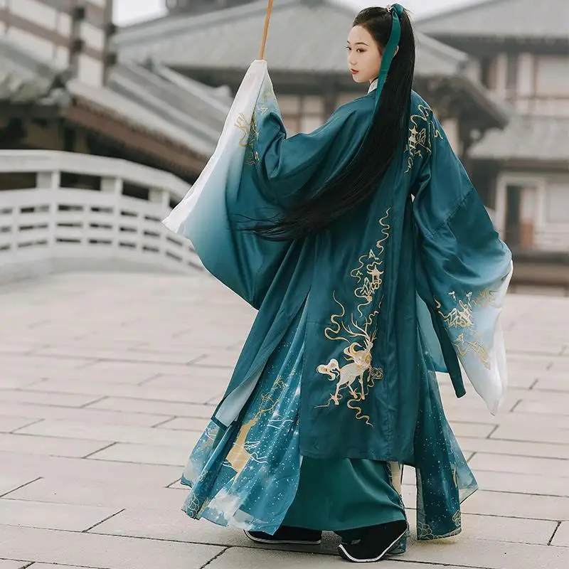 Gradient Green Elk Embroidery Women Hanfu Clothes Traditional Hanfu Set Chinese Dress Carnival Cos Costume