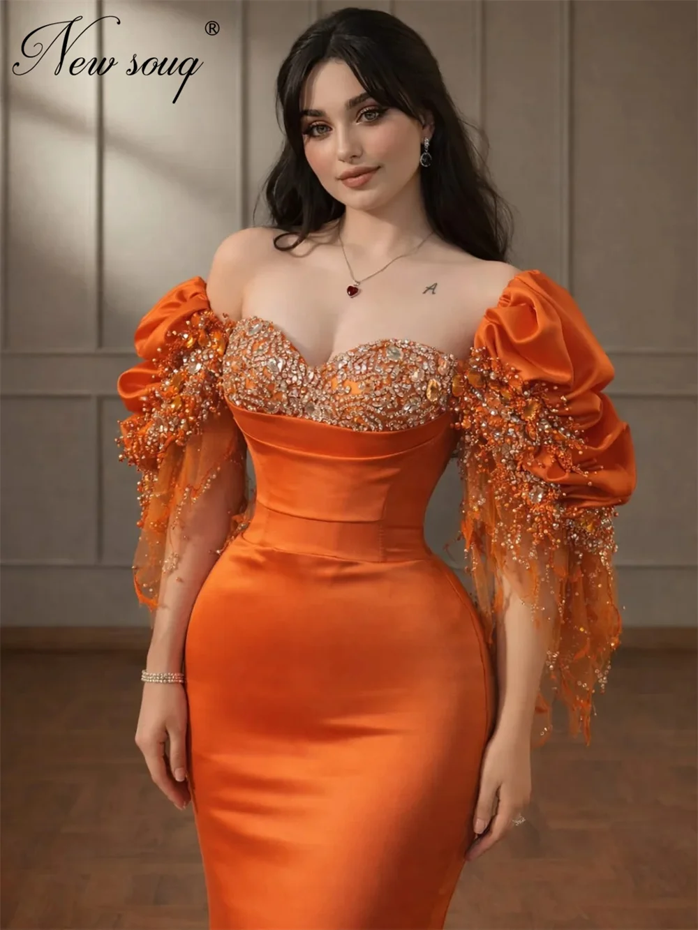 

Оранжевые атласные платья-русалки для выпускного вечера с жемчугом, пышными рукавами, вышивкой бисером и кристаллами, вечерние платья для помолвки и вечеринок, на заказ