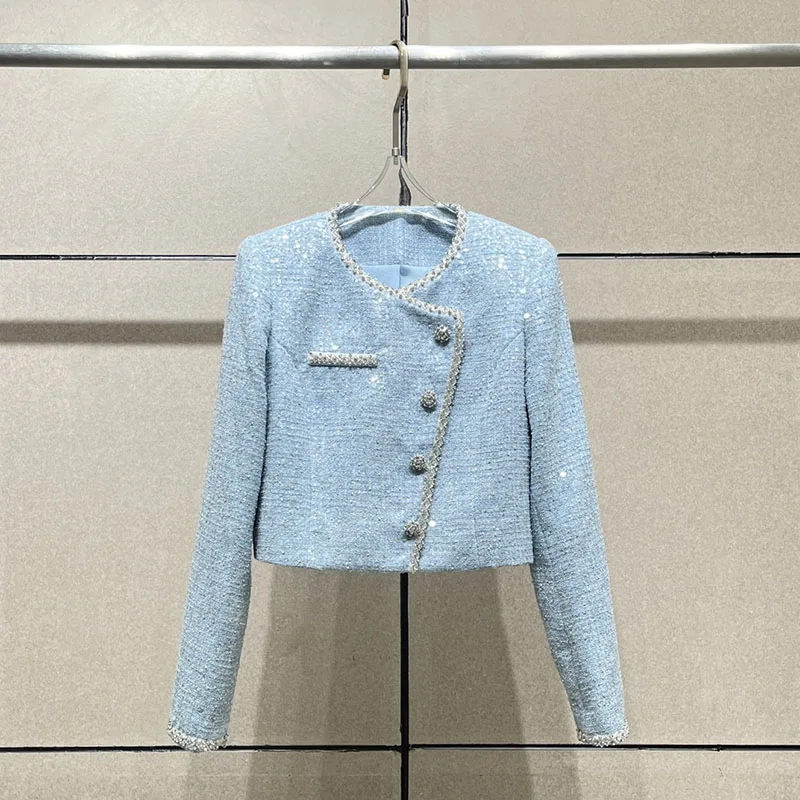 y2k spring/summer round neck slant placket sequin drill button jackets for women2023 high waist tweed midi dresses short sets