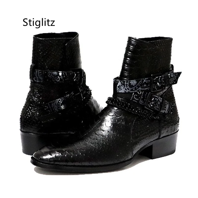 British Style Snake Pattern Ankle Boots for Men Pointed Toe Belt Buckle Leather Boots Black Stylish Casual High-Top Men\'s Shoes