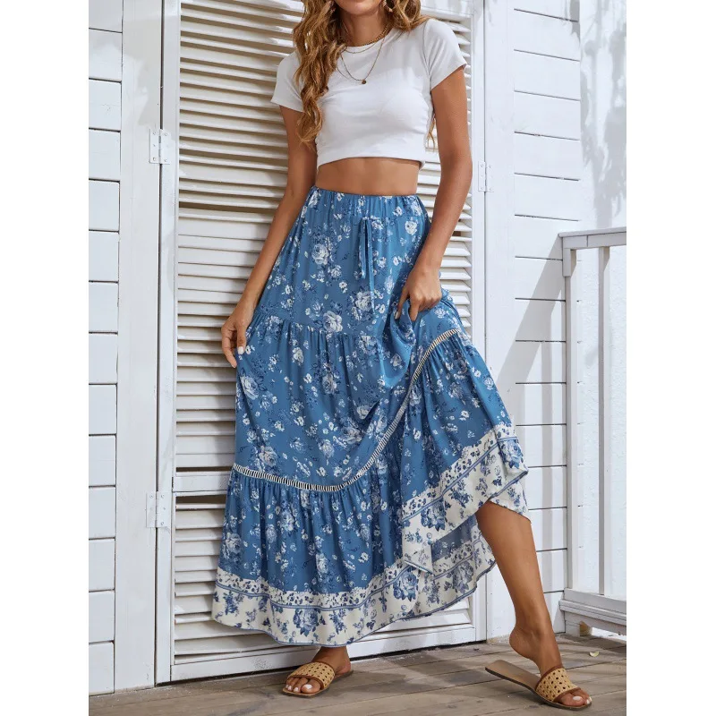 Skirts women 2026 cottonfloral casual floral printed lace ruffles Bohemian vacation big skirts swing women's clothing