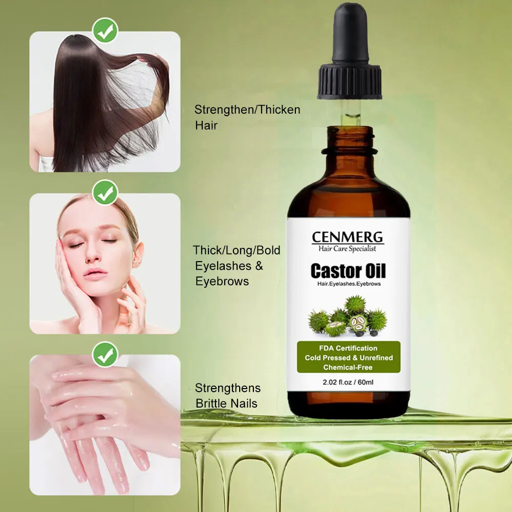 Organic Castor Oil 2.02fl.oz(60ml) 100%Pure Cold Pressed Castor Oil Hair Essential Oils Essence for Eyelashes/Eyebrows