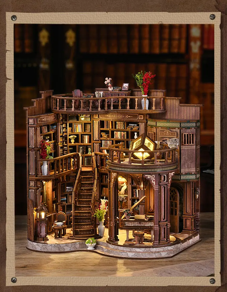 Wooden DIY Book Nook Puzzle Kit Miniature Library Cafe Shop House Led Light for Adults Kids Desk Home Decor Dollhouse