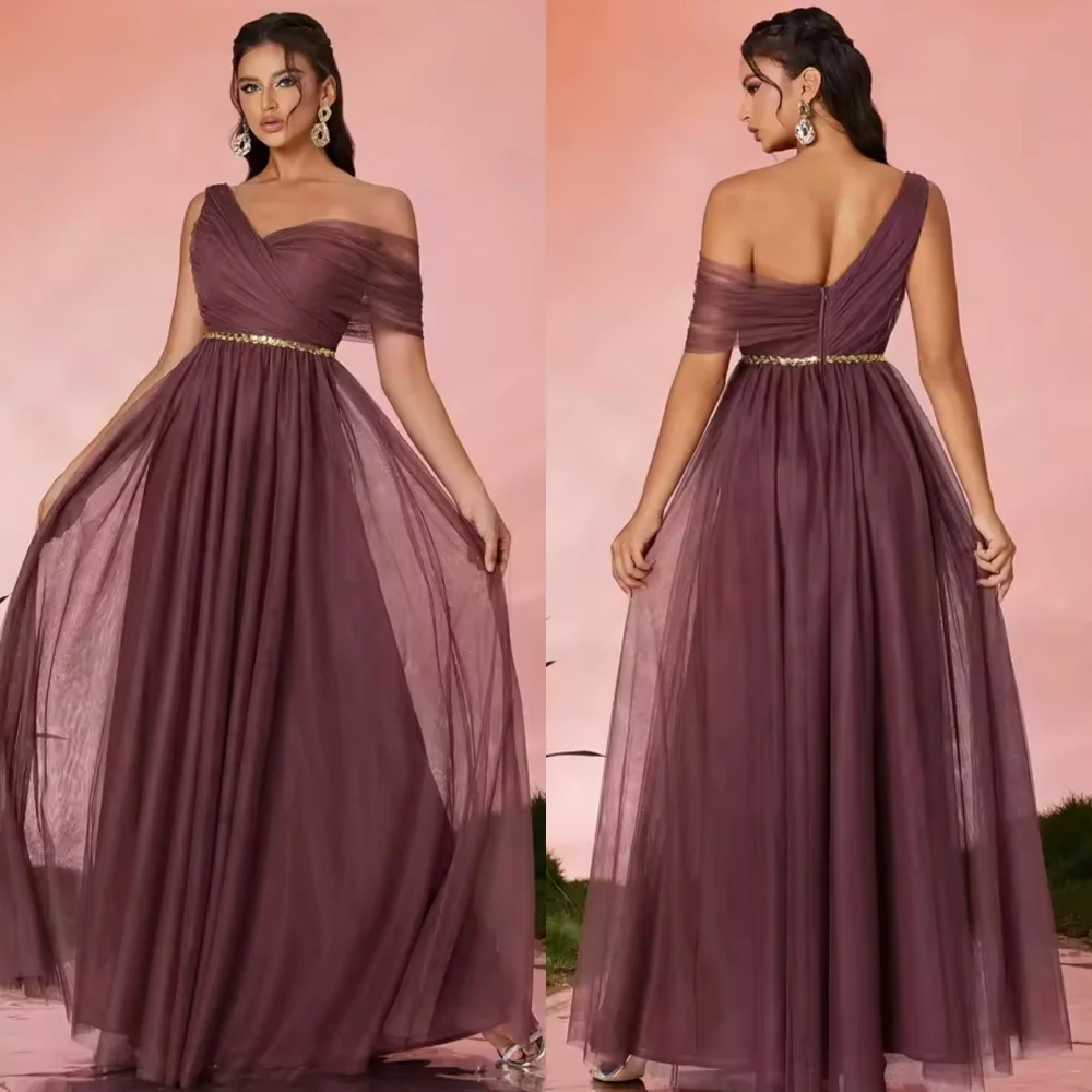 

Customized Fashion Classic Tulle Rhinestone Pleat A-line Off-the-shoulder Long Dresses Bespoke Occasion Dresses Modern Style