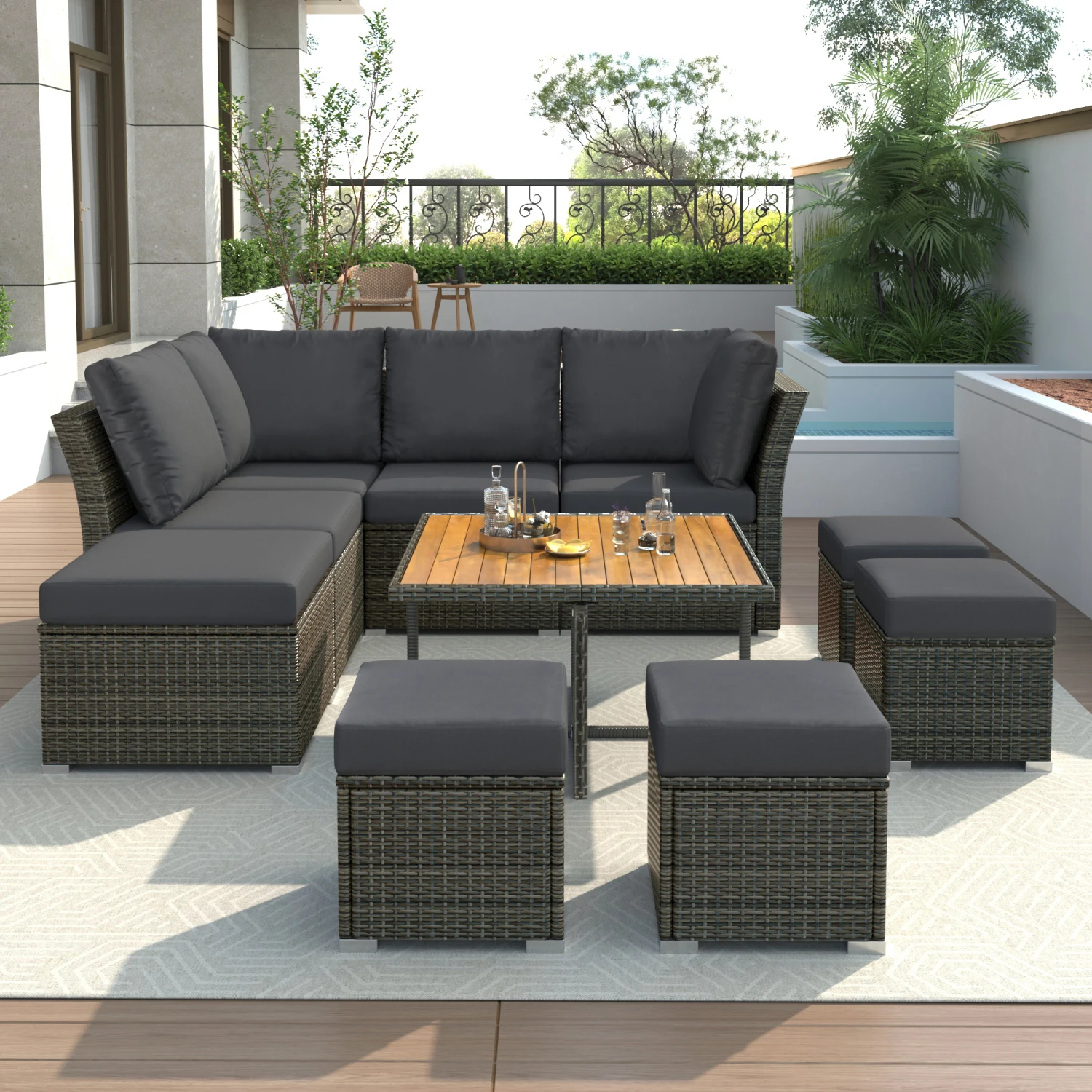 

U_STYLE Patio Furniture Set, 10 Piece Outdoor Conversation Set, Solid Wood Coffee Table with Ottomans