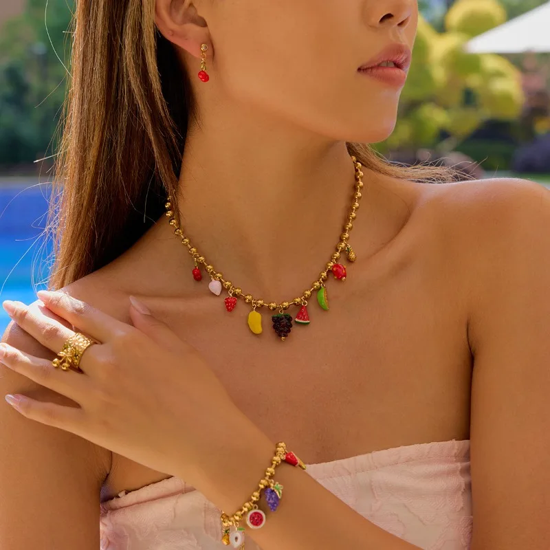 Minar Cute Multicolor Enamel Fruit Pendant Necklace for Women 18K Gold PVD Plated Stainless Steel Beads Chain Waterproof Chokers