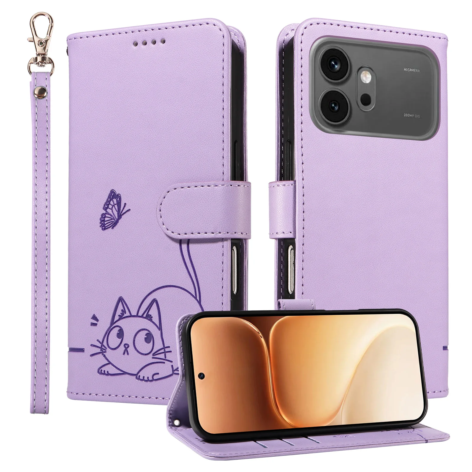 Étui portefeuille en cuir pour Honor Magic 8 7 6 X5C X6D X6C X70 X8D X9C X9D 600 Pro Lite |   Design en relief Chat et Papillon