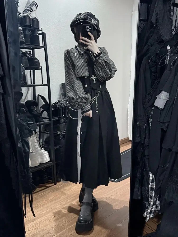 New Subculture Gothic Vintage 2 Piece Set Women Retro Y2k Long Sleeve Tops Blouse + High Waist Retro Skirt Harajuku Chic Outfits image 2