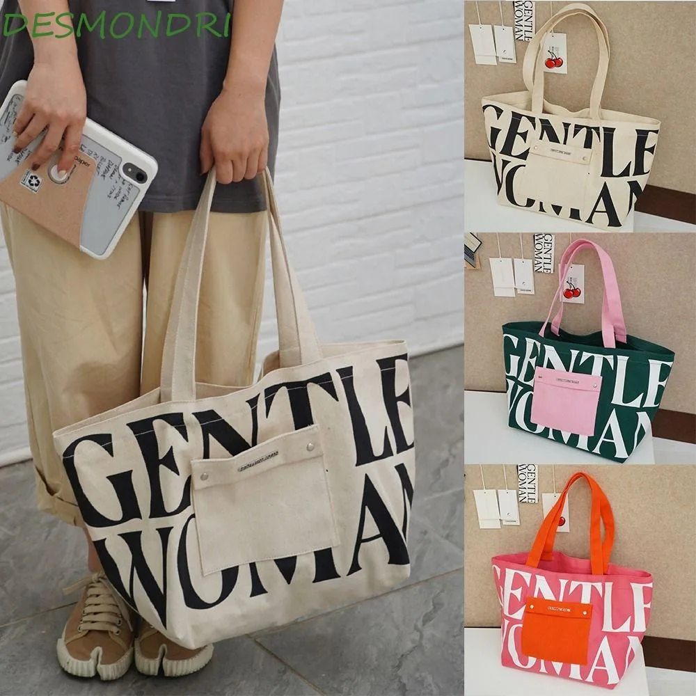 Gentlewoman Canvas Bag Thai Fashion Metal Lettering Large Capacity Shopping Bag Portable Casual Mom Handbag